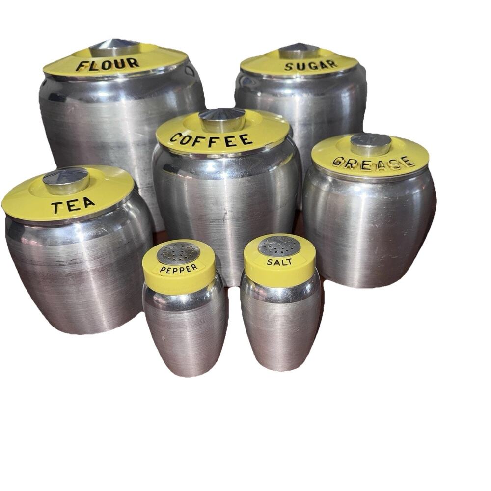 Kromex 1950s Vintage Aluminum Spun 7 pc Canister Yellow Lid - Rare!